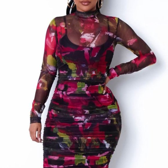 Mock neck print Midi dress w/ruched mesh details - Picture 6 of 8
